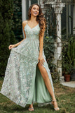 Lace Up Flowers A-Line Maxi Formal Evening Dress With Slit Prom Party Dresses