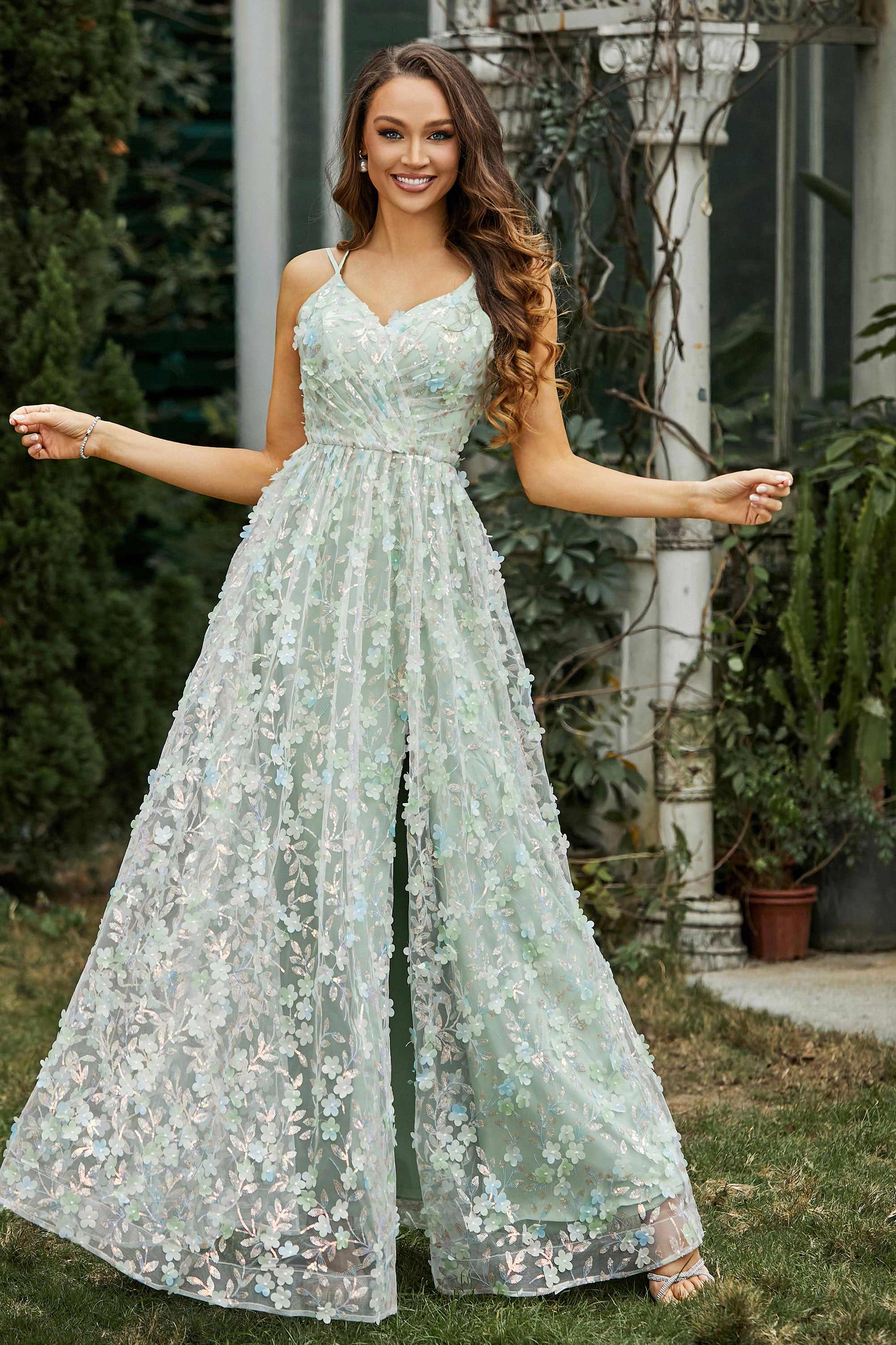Lace Up Flowers A-Line Maxi Formal Evening Dress With Slit Prom Party Dresses