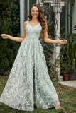 Lace Up Flowers A-Line Maxi Formal Evening Dress With Slit Prom Party Dresses