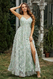 Lace Up Flowers A-Line Maxi Formal Evening Dress With Slit Prom Party Dresses