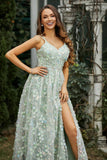 Lace Up Flowers A-Line Maxi Formal Evening Dress With Slit Prom Party Dresses