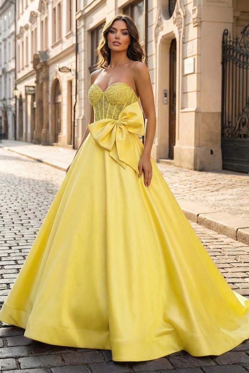 A-Line Sweetheart Lilac Beaded Long Prom Dresses With Bow