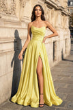 A Line Black Strapless Satin Prom Dresses With Slit