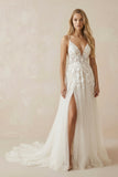 A-line Attractive V-neck Tulle Appliques Bohemian Wedding Dress