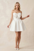 A-Line Bow Strapless Satin MIni Wedding Dress in White