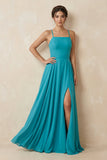 A-Line Chiffon Bridesmaid Dress With Slit in Blue Jay