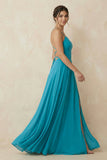 A-Line Chiffon Bridesmaid Dress With Slit in Blue Jay