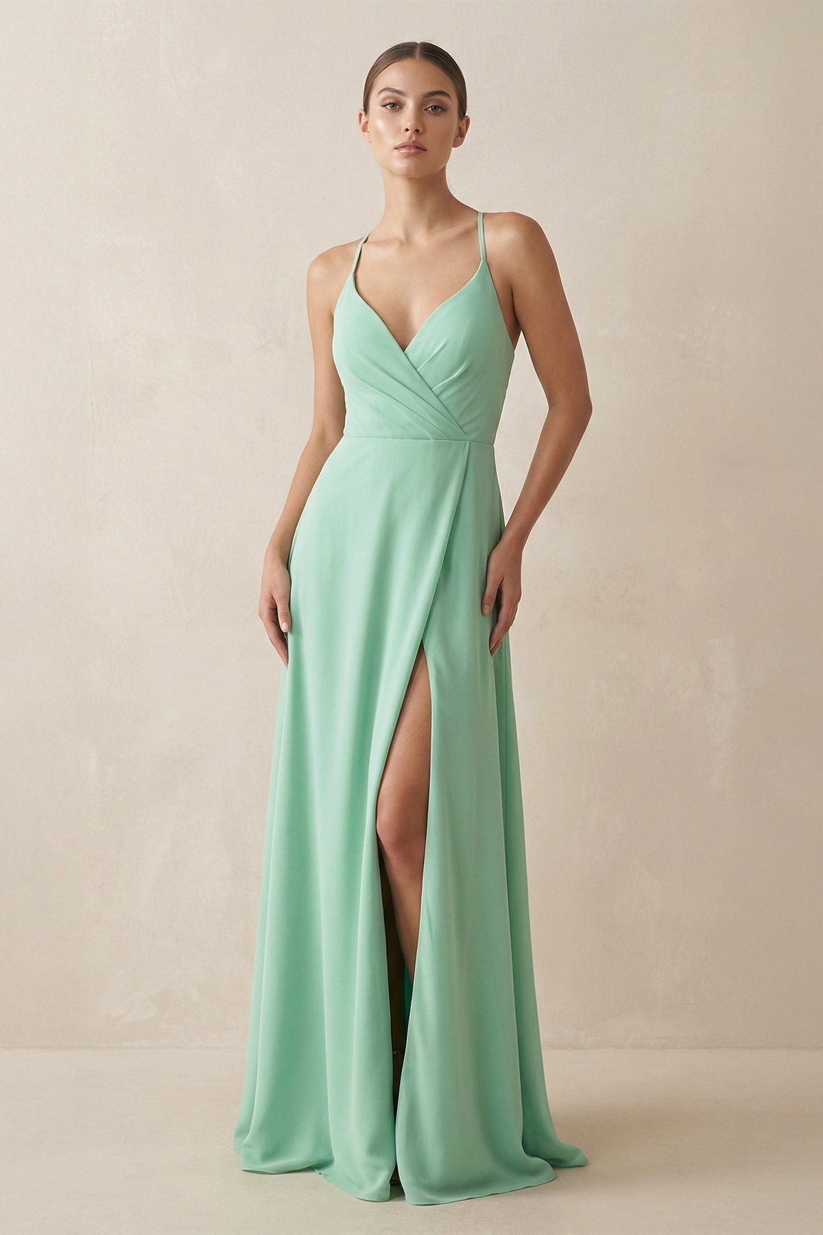 A-Line Chiffon Long Bridesmaid Dress With Slit in Pale Pistachio