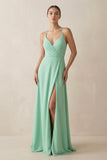 A-Line Chiffon Long Bridesmaid Dress With Slit in Pale Pistachio