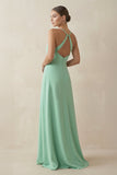A-Line Chiffon Long Bridesmaid Dress With Slit in Pale Pistachio
