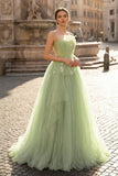 A Line Corset Back Sage Green Tulle Long Dresses