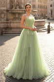 A Line Corset Back Sage Green Tulle Long Dresses