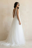 A-Line Deep V-neck Sleeveless Sweep Train Tulle Beach Wedding Dresses