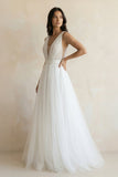 A-Line Deep V-neck Sleeveless Sweep Train Tulle Beach Wedding Dresses