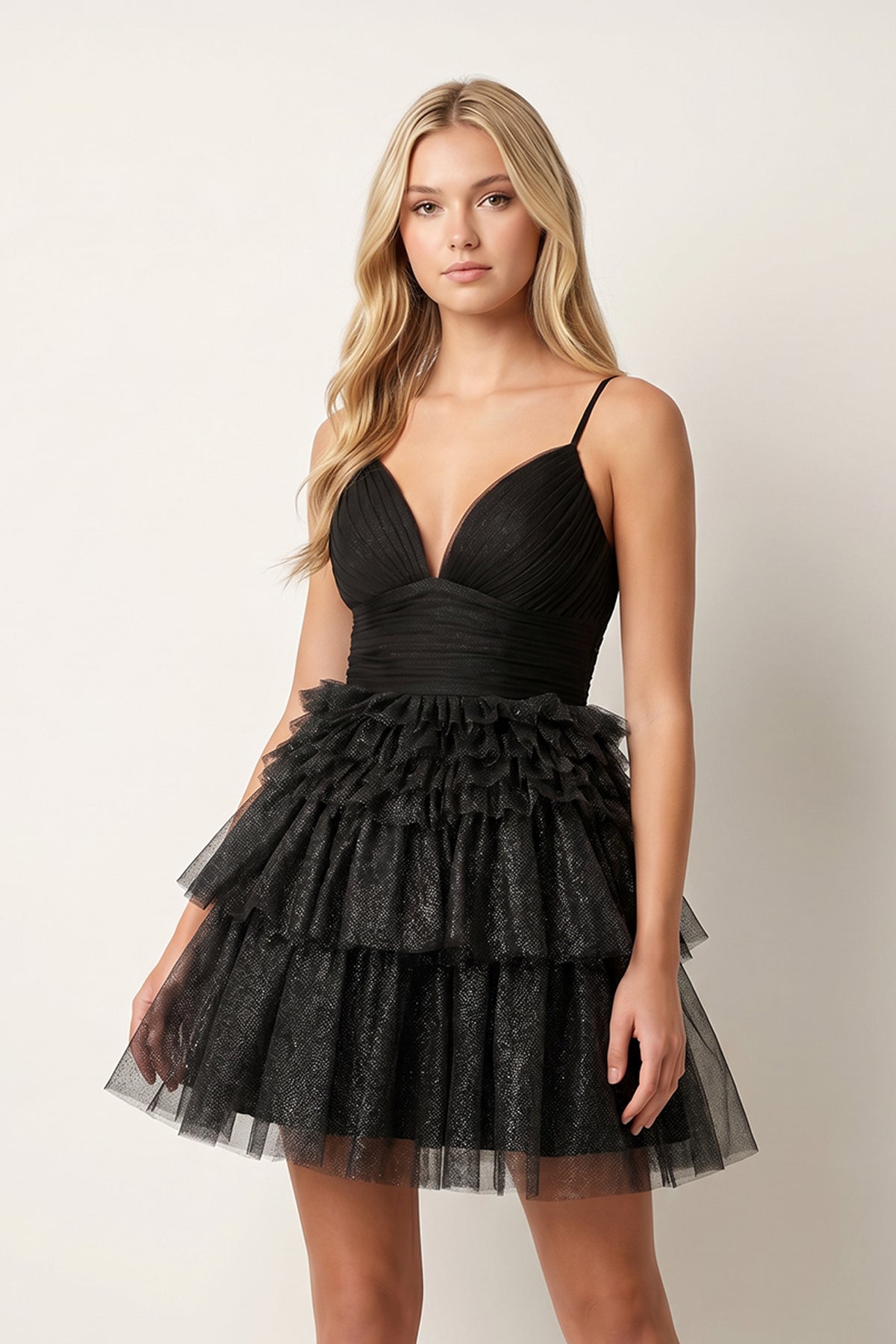 A-Line Deep V Neck Tiered Short Homecoming Dress