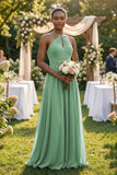 A-Line Halter Chiffon Ruched Bridesmaid Dress in Sea Glass