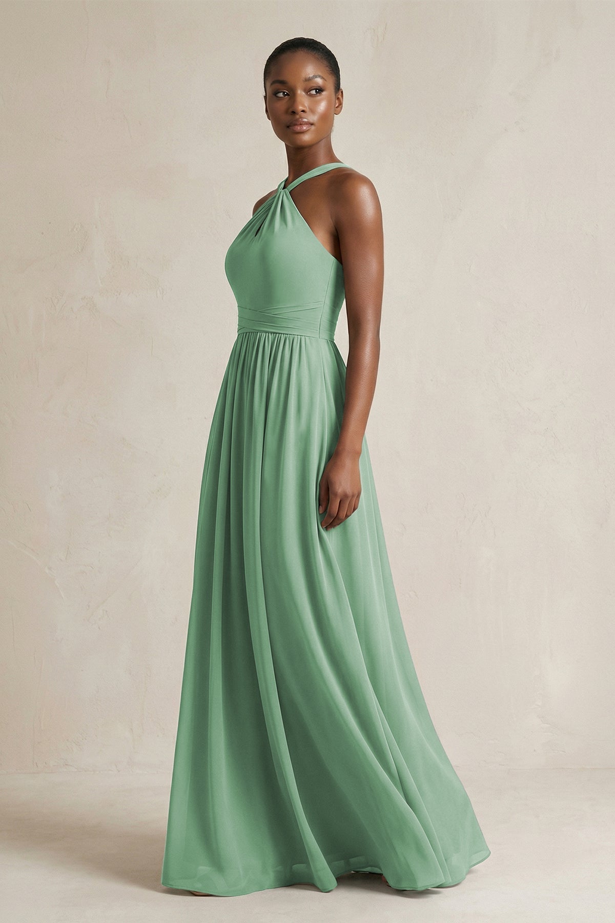 A-Line Halter Chiffon Ruched Bridesmaid Dress in Sea Glass