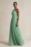 A-Line Halter Chiffon Ruched Bridesmaid Dress in Sea Glass