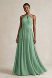A-Line Halter Chiffon Ruched Bridesmaid Dress in Sea Glass