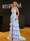 Princess A Line Off the Shoulder Corset Prom Dress with Lace Ruffles