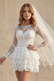 A-Line Illusion Neck Lace Applique Long Sleeves Short-Mini Wedding Dresses