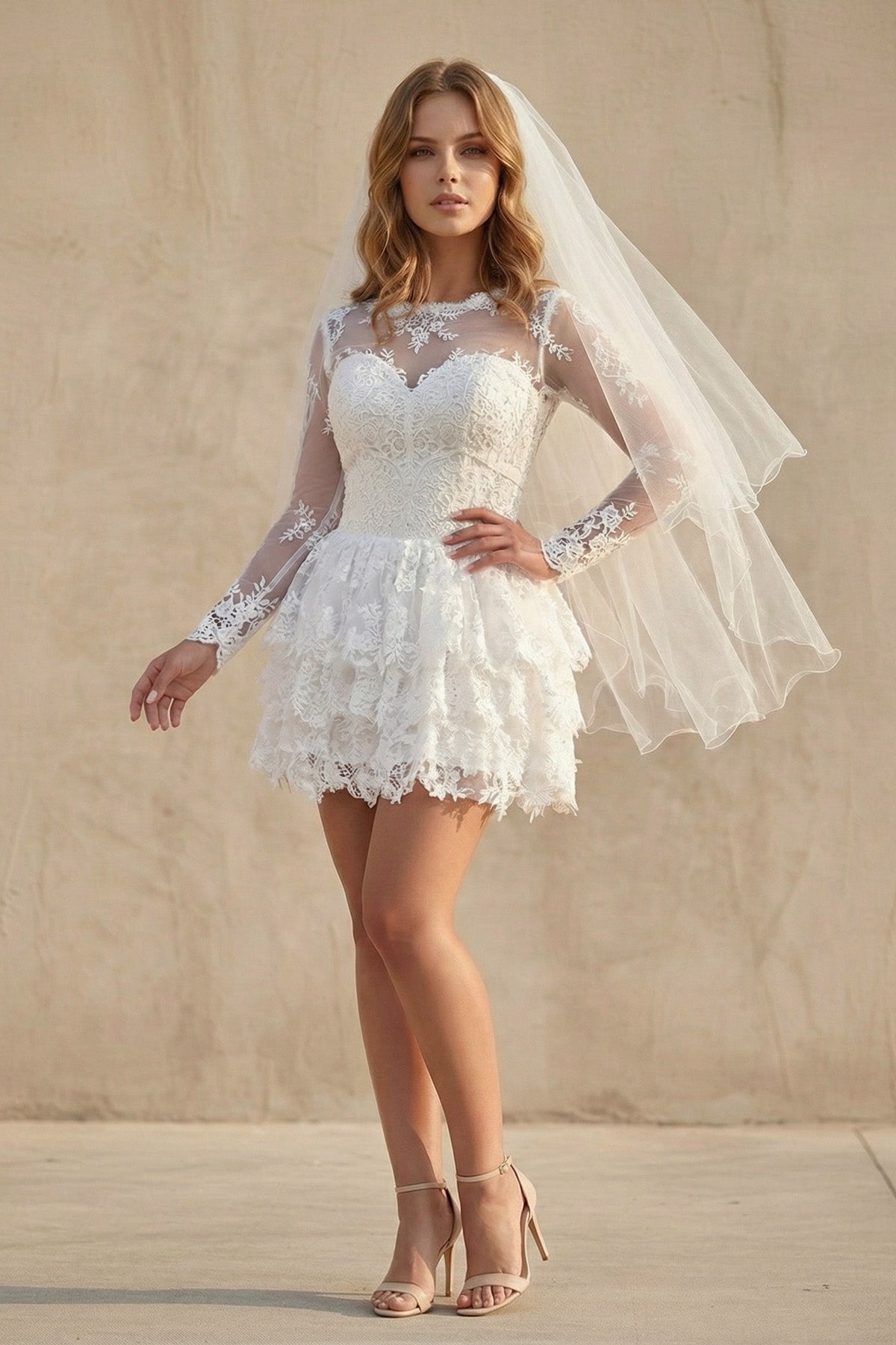 A-Line Illusion Neck Lace Applique Long Sleeves Short-Mini Wedding Dresses
