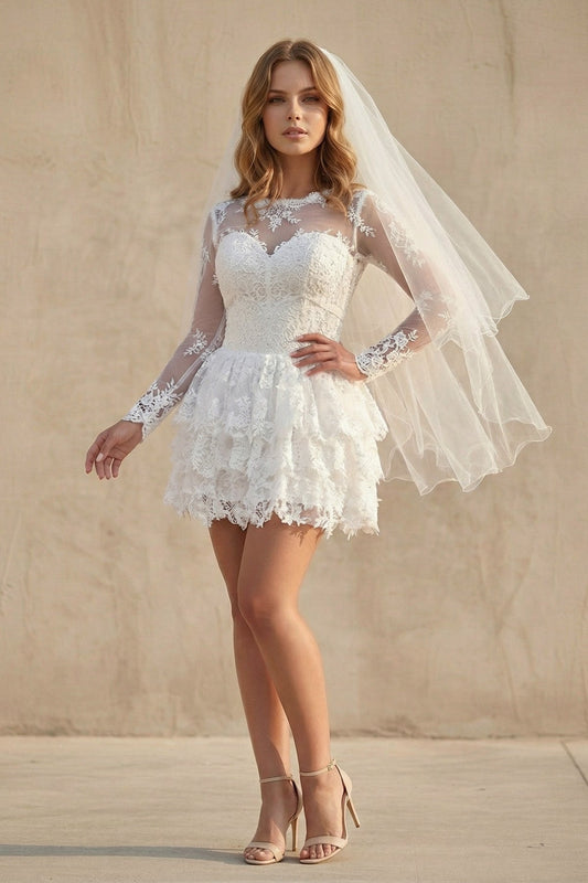 A-Line Illusion Neck Lace Applique Long Sleeves Short-Mini Wedding Dresses