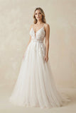 A Line Lace Tulle V-neck Sleeveless Wedding Dress in Ivory