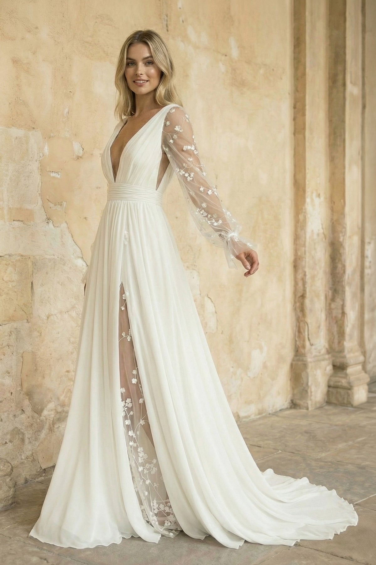 Long Sleeve Boho Flowy Wedding Dress Lace A-Line V-Neck Beach Gown with Split Front and Sweep Train