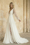 Long Sleeve Boho Flowy Wedding Dress Lace A-Line V-Neck Beach Gown with Split Front and Sweep Train