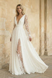 Long Sleeve Boho Flowy Wedding Dress Lace A-Line V-Neck Beach Gown with Split Front and Sweep Train