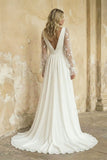 Long Sleeve Boho Flowy Wedding Dress Lace A-Line V-Neck Beach Gown with Split Front and Sweep Train