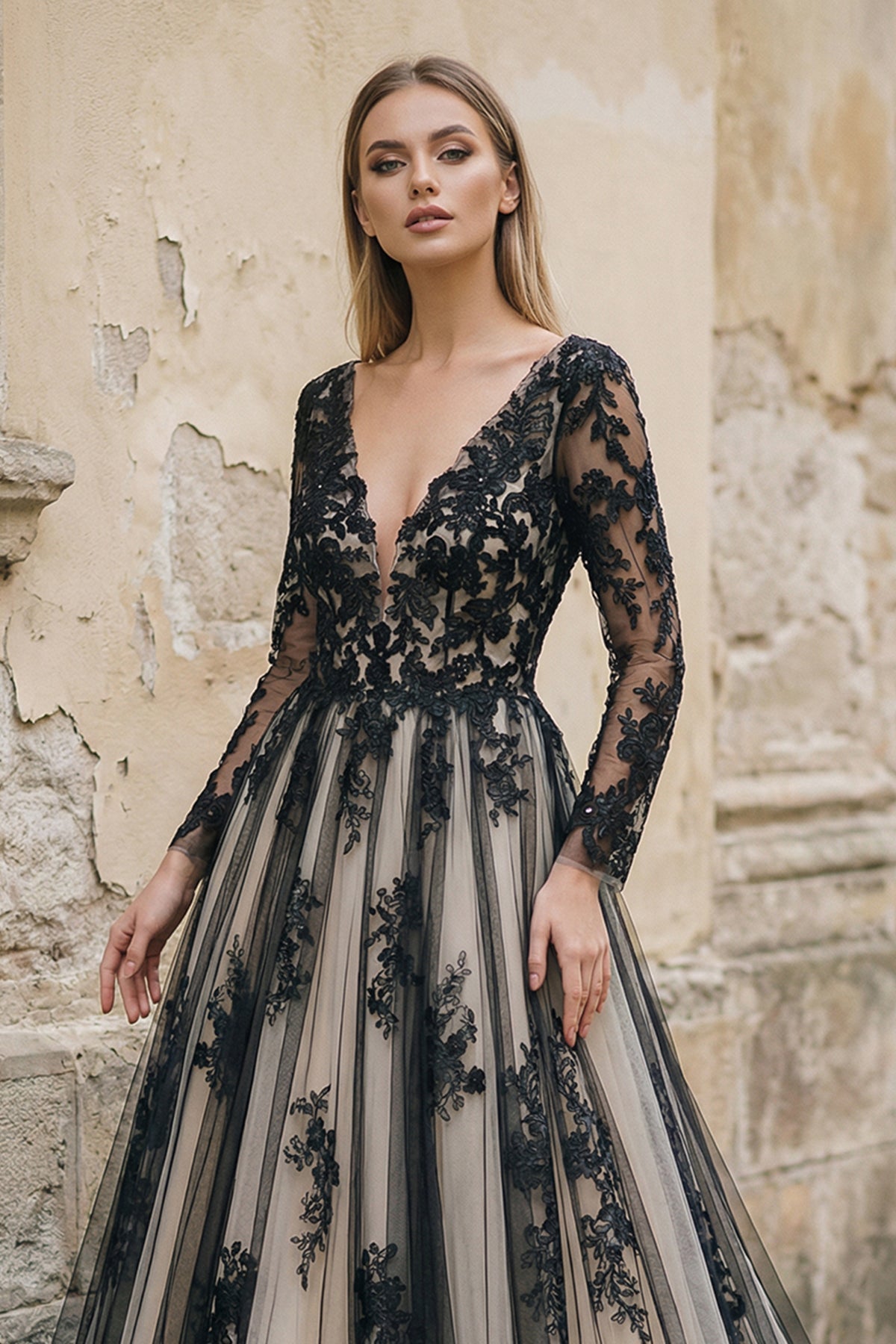 Non-Traditional Gothic Black and White Boho Lace Wedding Dress Flowy Forest Sleeved Backless Bridal Gown with Court Train
