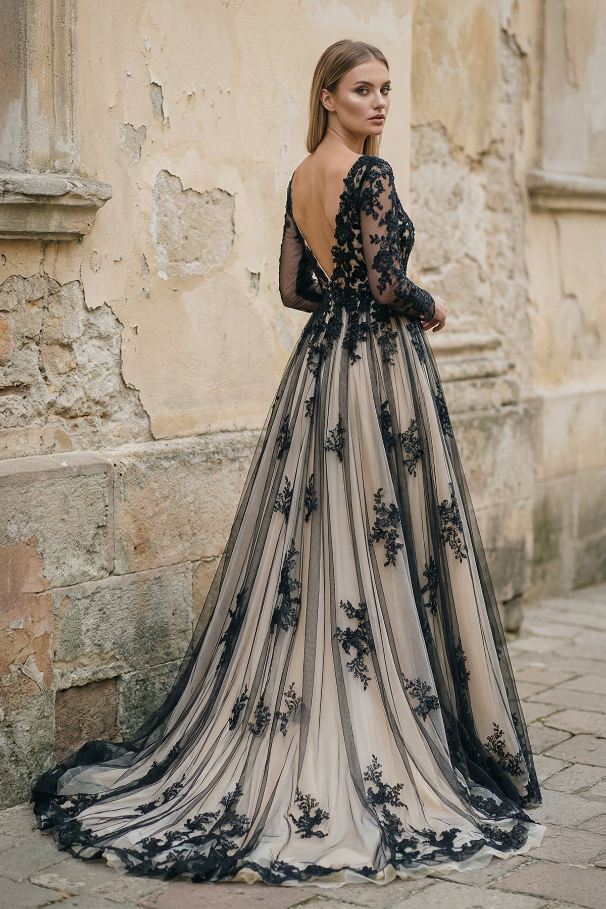 Non-Traditional Gothic Black and White Boho Lace Wedding Dress Flowy Forest Sleeved Backless Bridal Gown with Court Train