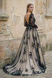Non-Traditional Gothic Black and White Boho Lace Wedding Dress Flowy Forest Sleeved Backless Bridal Gown with Court Train