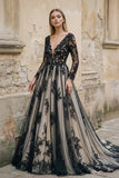 Non-Traditional Gothic Black and White Boho Lace Wedding Dress Flowy Forest Sleeved Backless Bridal Gown with Court Train