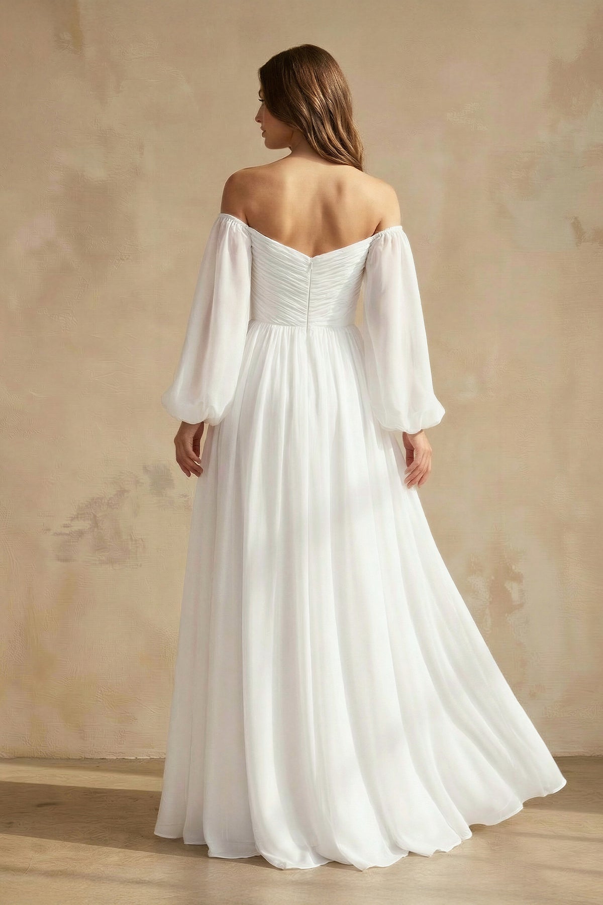 A-Line Off-the-Shoulder Long Sleeves Chiffon Floor-Length Wedding Dress