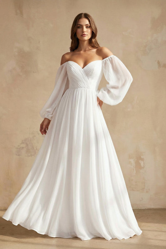 A-Line Off-the-Shoulder Long Sleeves Chiffon Floor-Length Wedding Dress