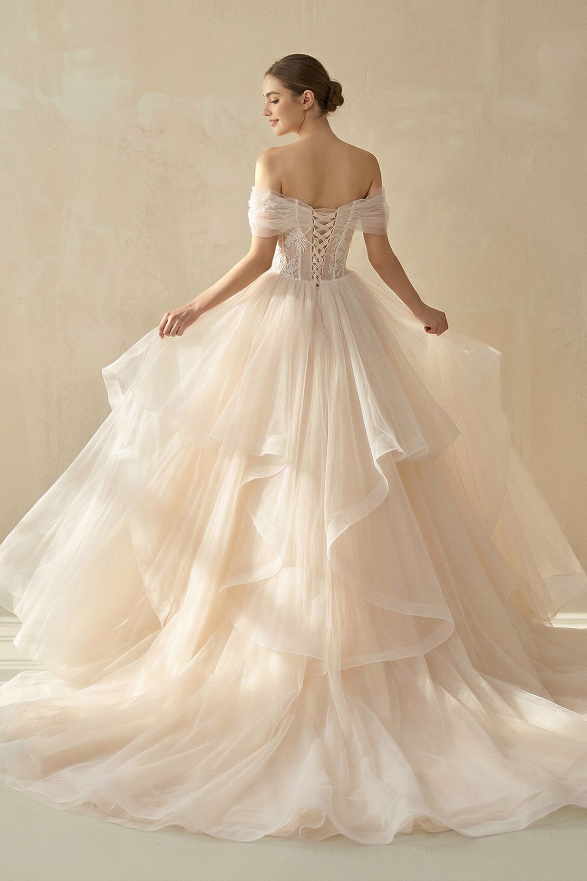 Champagne Organza Ball-Gown Off-the-Shoulder Wedding Dress