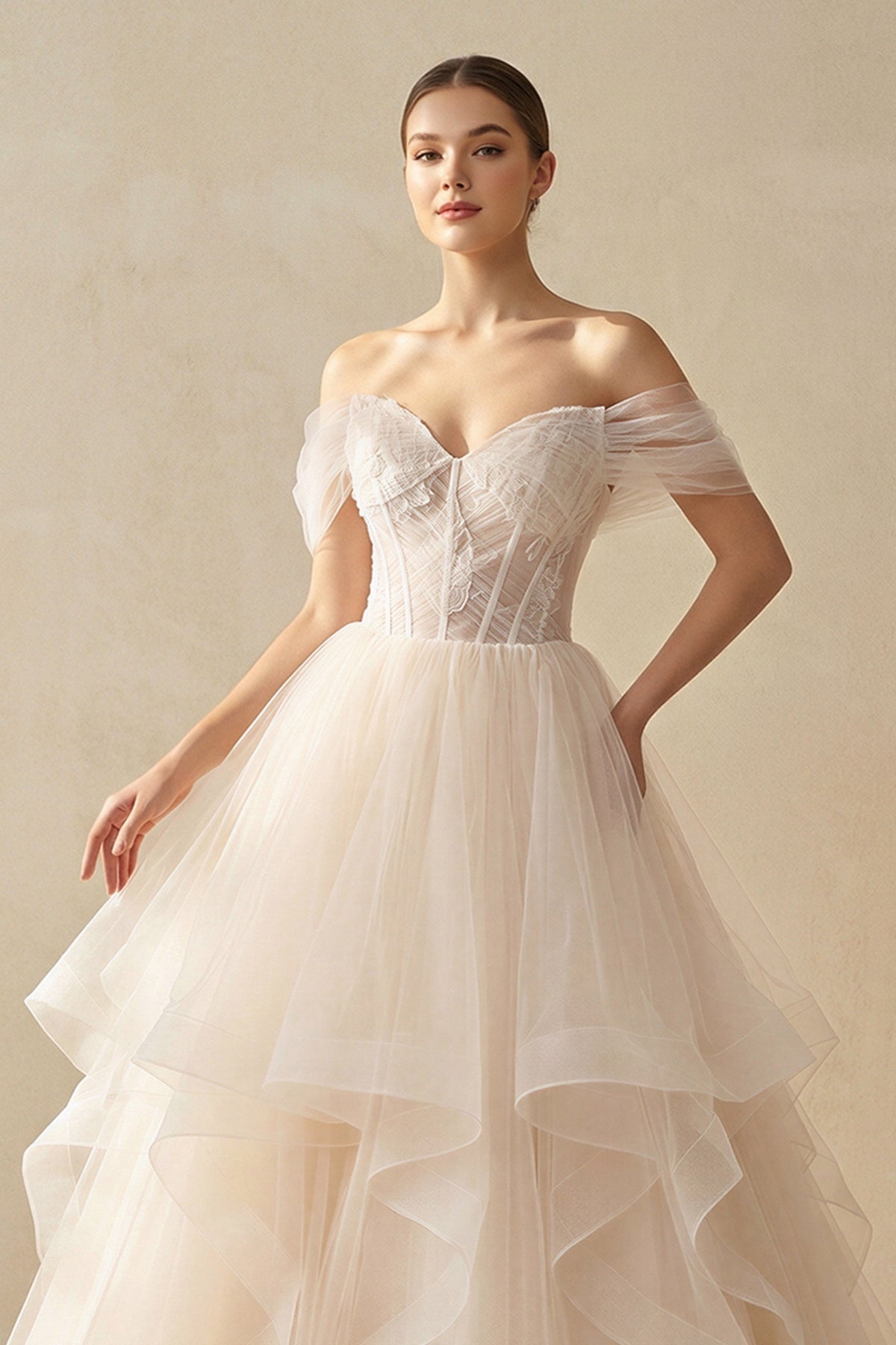 Champagne Organza Ball-Gown Off-the-Shoulder Wedding Dress