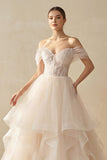 Champagne Organza Ball-Gown Off-the-Shoulder Wedding Dress