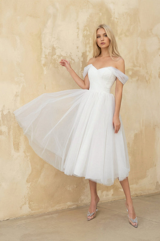 Sweet A-Line Off-The-Shoulder Little White Tulle Wedding Dresses