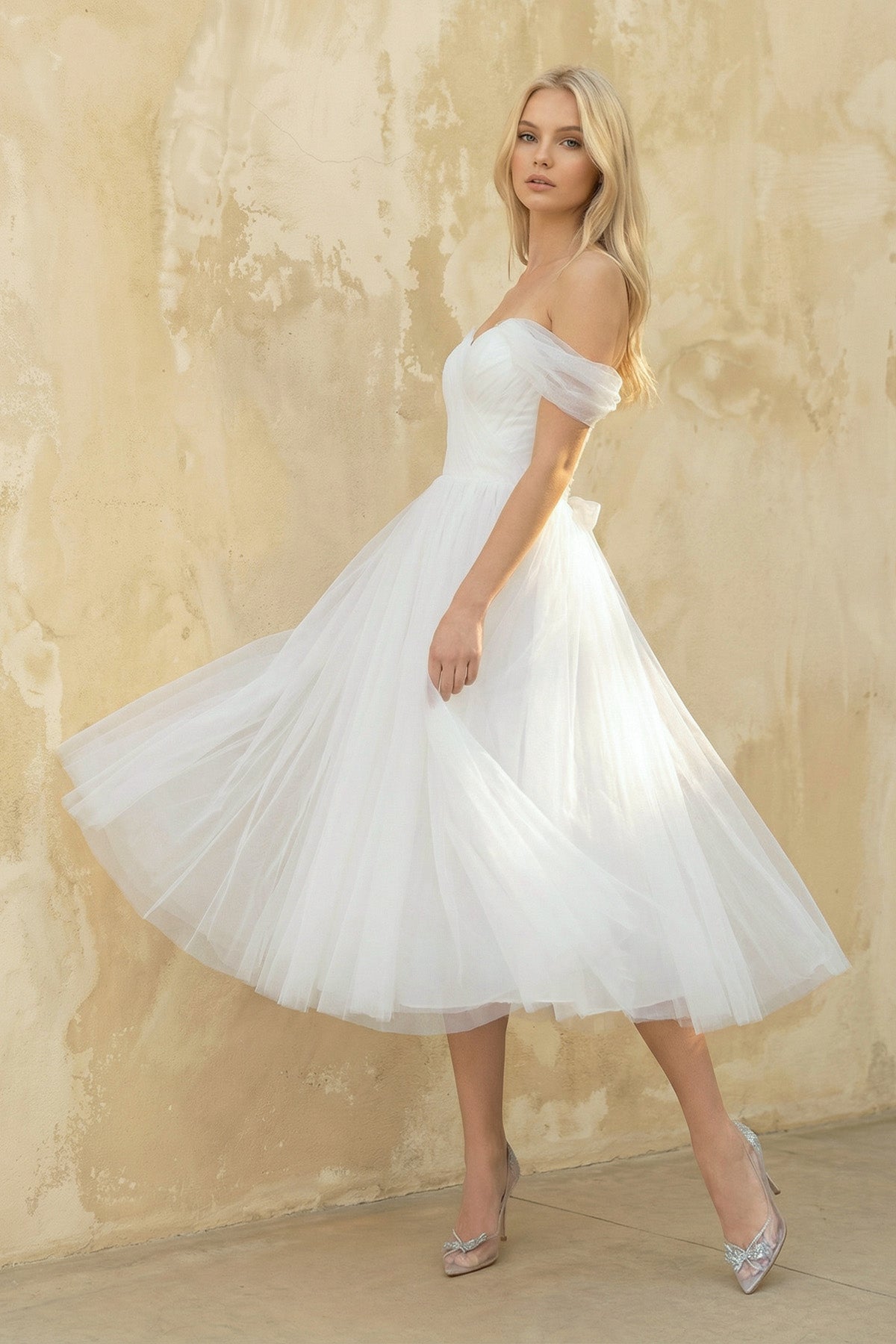 Sweet A-Line Off-The-Shoulder Little White Tulle Wedding Dresses