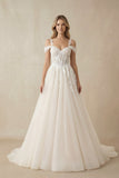 A-Line Off-The-Shoulder Tulle Wedding Dresses With Appliques Lace
