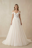 A-Line Off-The-Shoulder Tulle Wedding Dresses With Appliques Lace