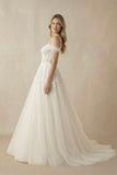 A-Line Off-The-Shoulder Tulle Wedding Dresses With Appliques Lace