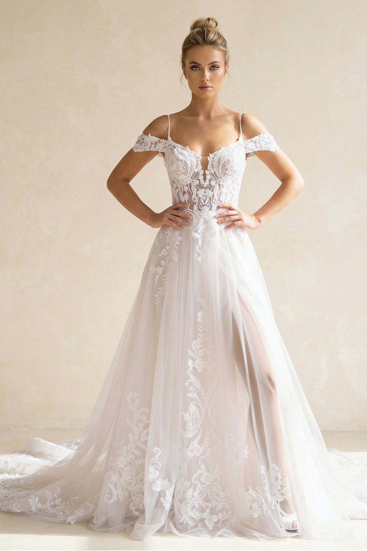 A-Line Off The Shoulder Wedding Dress With Appliques And Slit