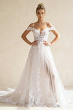 A-Line Off The Shoulder Wedding Dress With Appliques And Slit