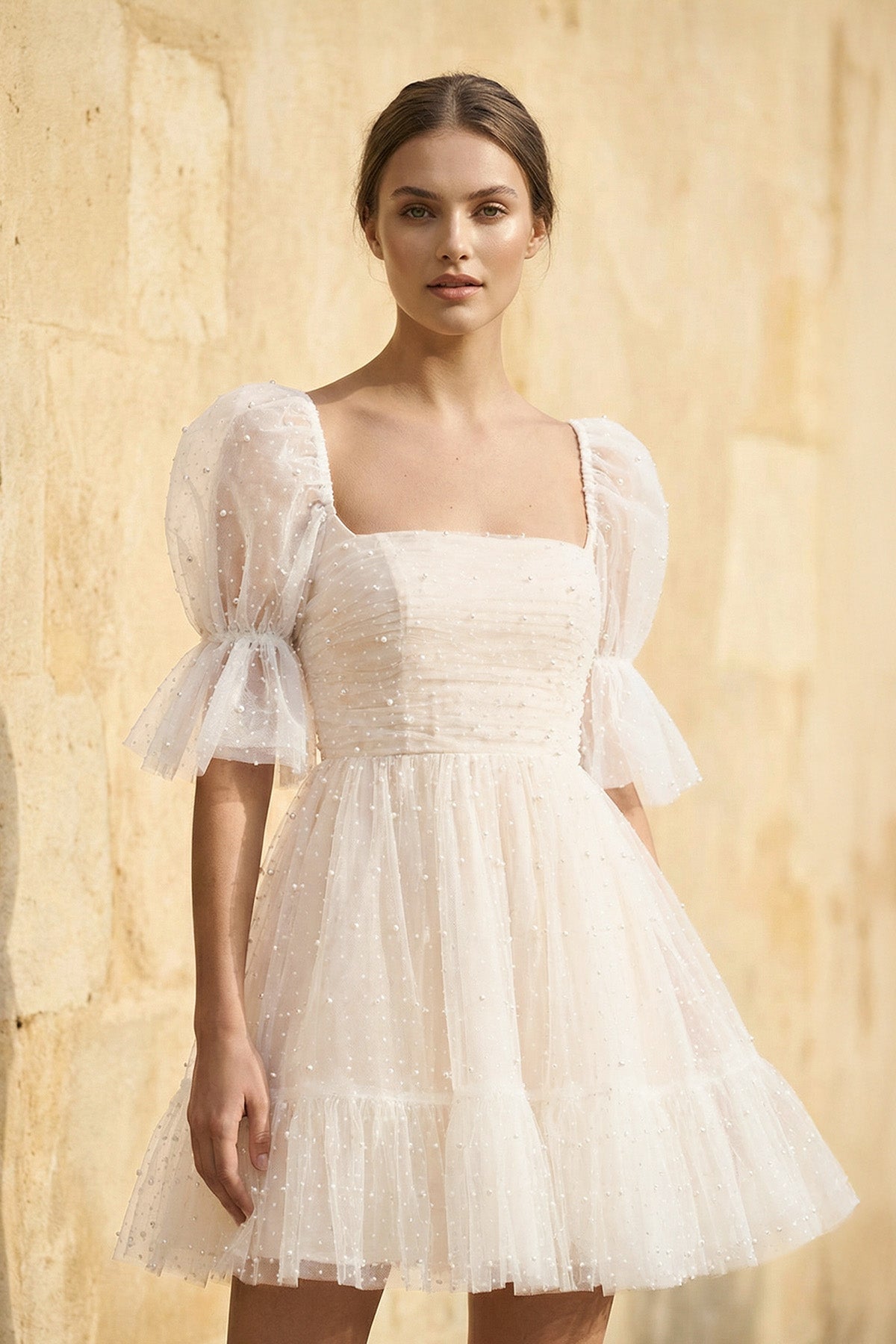 Pearl Short Reception Wedding Dresses With Bubble Sleeves