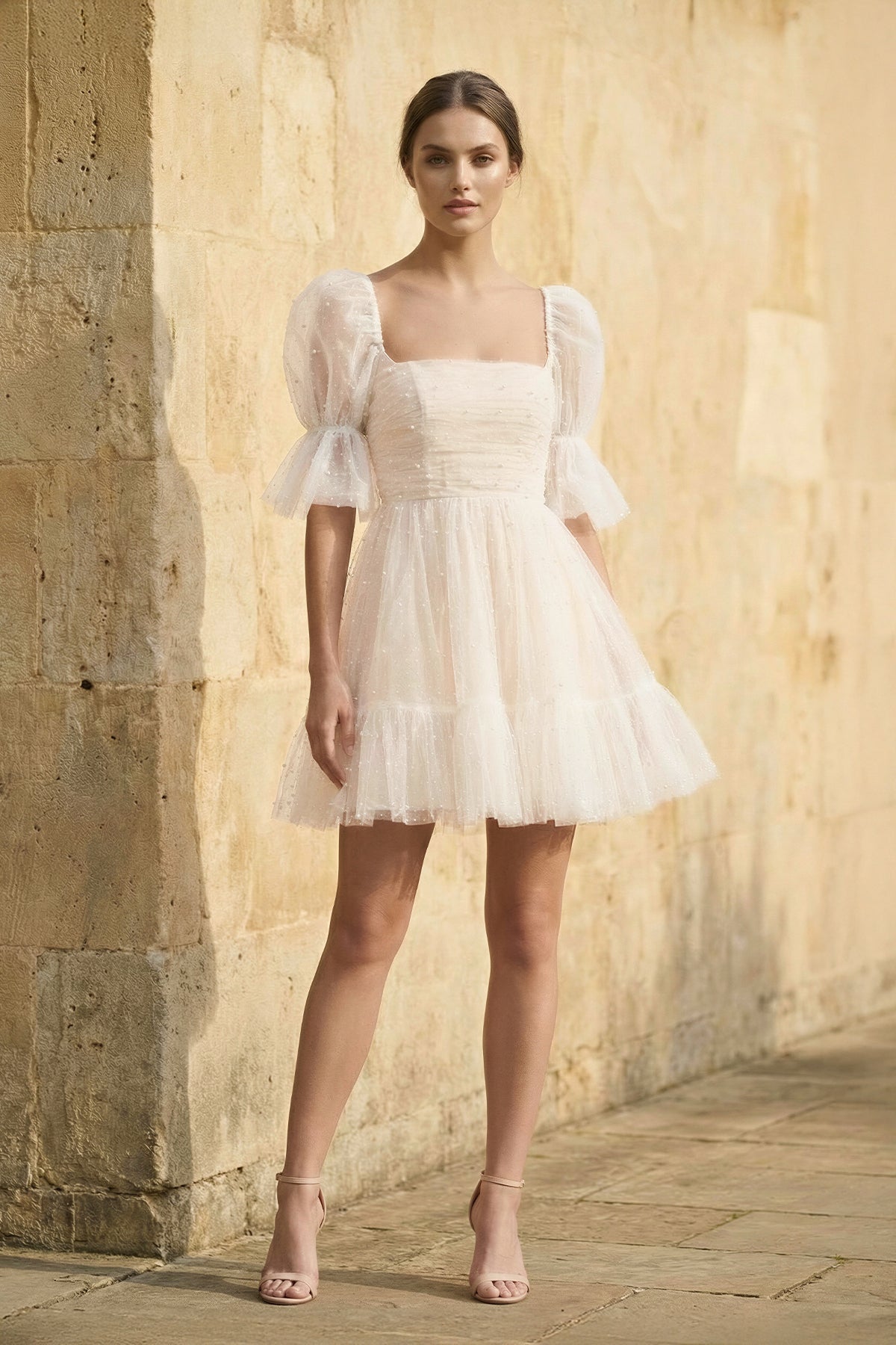 Pearl Short Reception Wedding Dresses With Bubble Sleeves